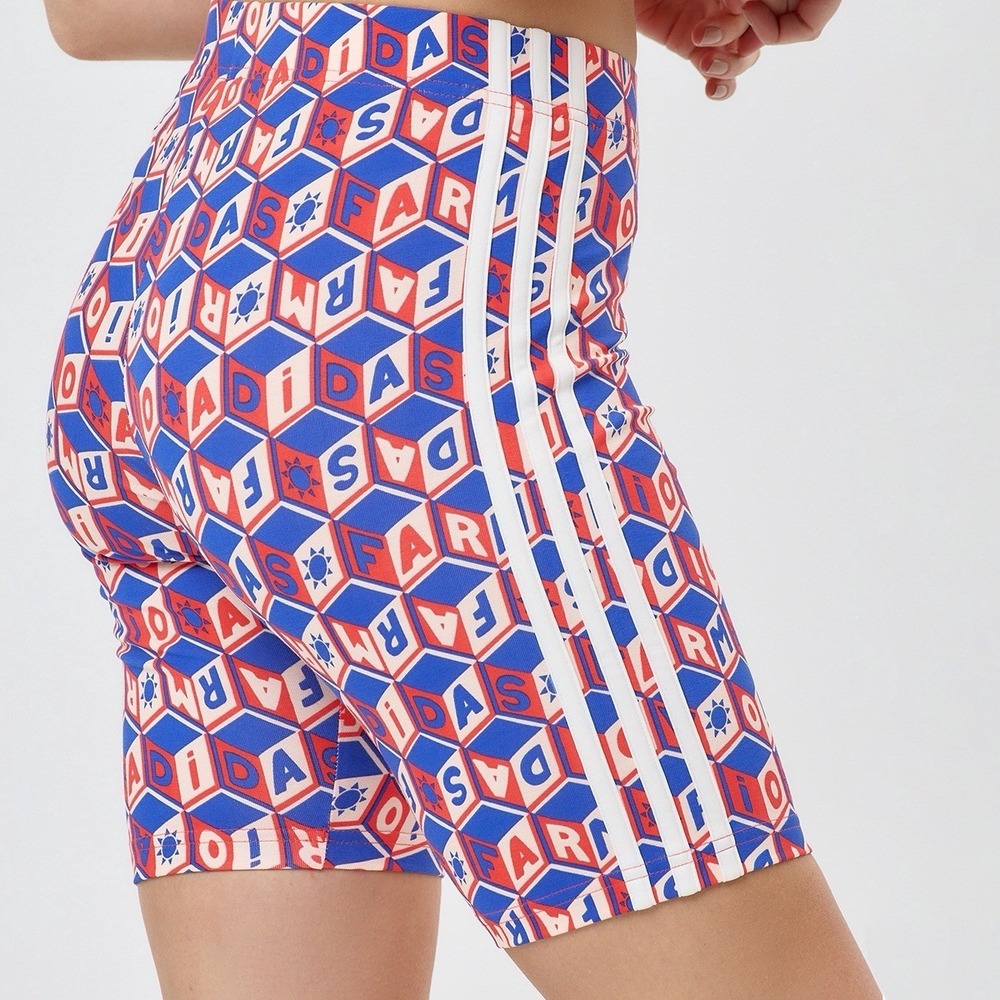 adidas x FARM RIO Sz S Womens Bike Shorts 9" Bold Blue‎ Bright Red Mid Rise